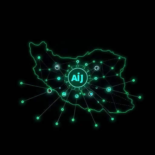abstract map of Iran glowing with connected nodes leading to a central AI hub, dark background, green accent lines, futuristic illustration, no text