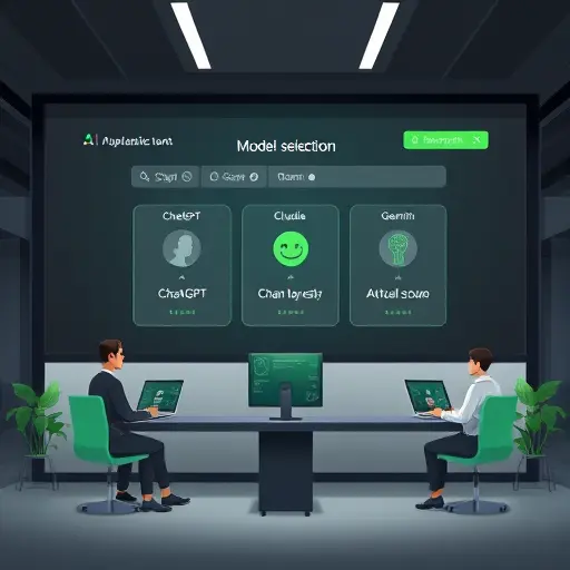 animated illustration of an Iranian-friendly AI platform interface, dark theme UI with green accent, showing model selection (ChatGPT, Claude, Gemini)