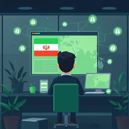 cartoon-style illustration of a user in Iran facing geo-