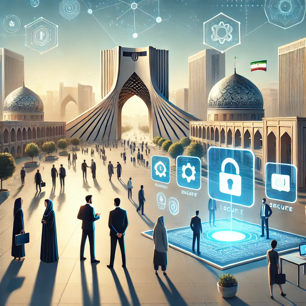 illustration showing an easy, secure, and open gateway to advanced AI services for Iranian users, with positive, tech-forward vibe, cartoon style, no text