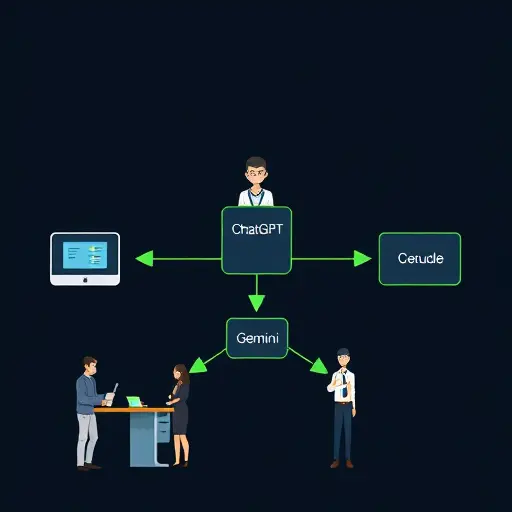 animated flow diagram showing a user node connected to ChatGPT, Claude, and Gemini nodes, arrows indicating switching models, dark background, green accent #94d3a2, clean vector illustration, text-free, no real people