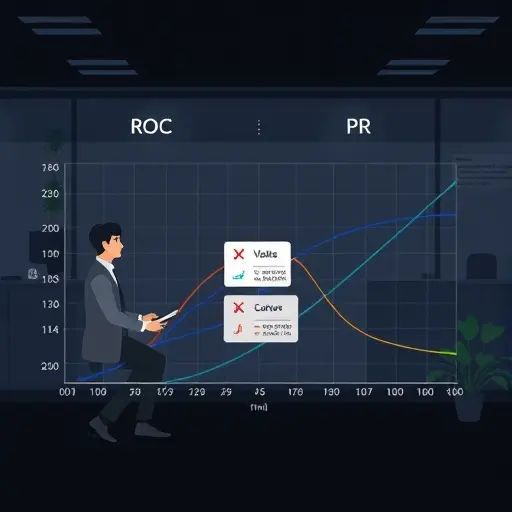 clean side-by-side illustration of ROC vs PR curves with a small confusion matrix tile, dark UI, green and blue accent lines, minimal, text-free