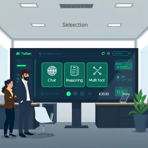 clean animated UI of an AI model selection panel with three options labeled as generic icons (chat, reasoning, multi-tool)