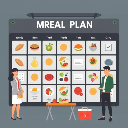 illustration of a weekly meal plan board with balanced meals, macro icons (protein, carbs, fats), shopping list symbols, dark background with green accent, minimalistic cartoon style, text-free