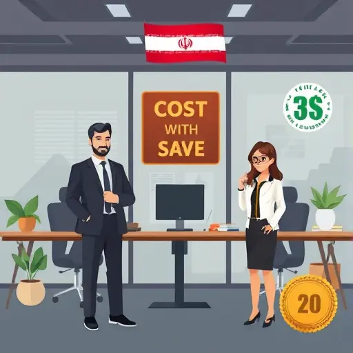 cartoon-style illustration showing cost savings with an Iranian AI platform, currency icons, affordable pricing badge, dark theme, clean, text-free