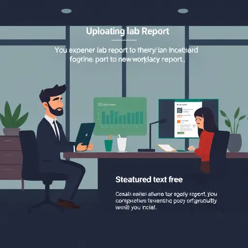 step-by-step illustration of uploading a lab report to an AI platform, file upload, model selection, generating structured report, dark UI, green accent, text-free