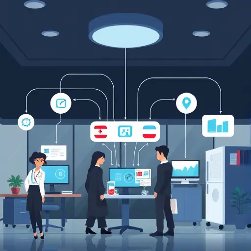 hospital systems integration illustration, EHR, PACS, AI service microservices connected via FHIR and DICOMweb icons, dark theme, clean, text-free
