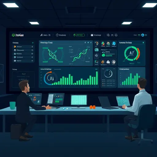 animated hospital command center dashboard showing AI nodes, EHR icons, DNA helix, stethoscope, and real-time charts; dark theme with green accents matching #94d3a2;;