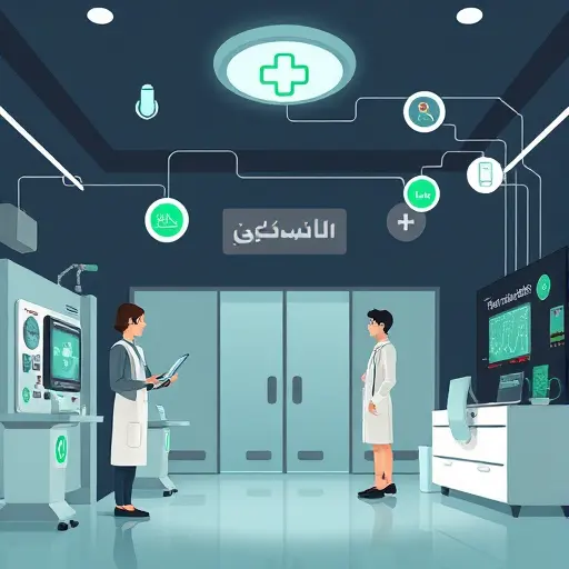 cartoon-style illustration of AI automation in a hospital: robotic clipboard scheduling appointments, smart lab queue, alert icons, EHR integration lines; dark background, green accent palette,