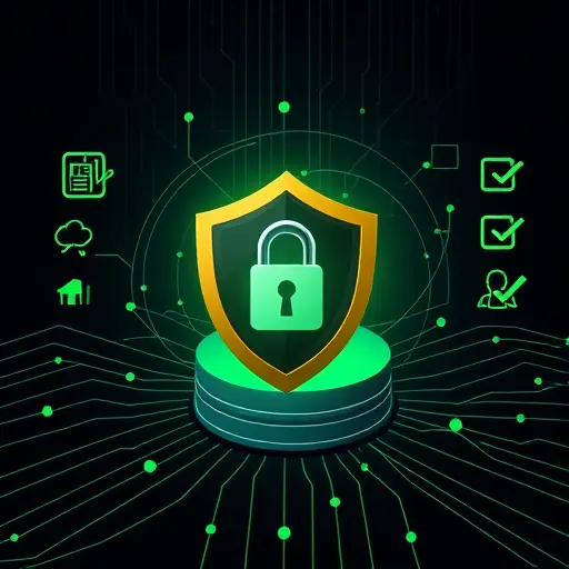 shield and lock over a database cylinder and neural network lines, compliance checklist icons; dark tech background with green highlights; minimalist illustration,