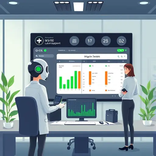 animated illustration of an AI assistant analyzing a lab report dashboard, showing categorized sections for CBC, glucose, lipids, and liver enzymes;
