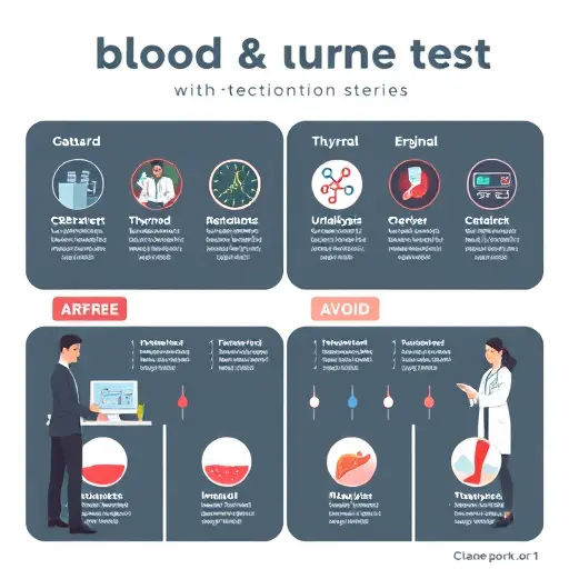 clean animated infographic of blood and urine test categories with icons (CBC, thyroid, renal, liver, urinalysis)