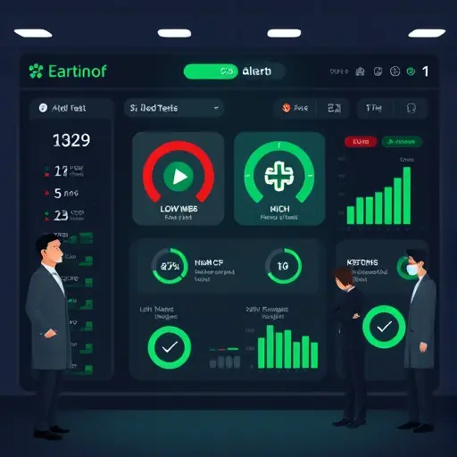 animated emergency medical dashboard showing alert badges for blood tests (low hemoglobin, high WBC, high CRP, ketones)