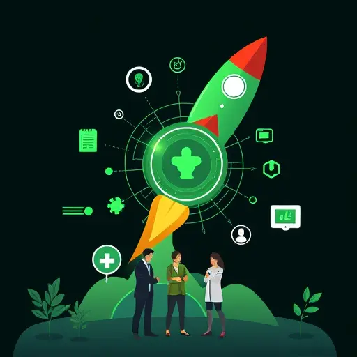 abstract rocket launch representing quick start, healthcare icons (stethoscope, lab report, x-ray)