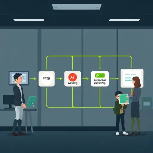 cartoon style illustration of an AI testing pipeline, showing offline evaluation, A/B testing, shadow deployment and canary release, dark UI theme, green accent matching #94d3a2
