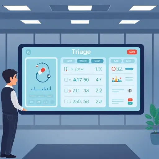 animated triage panel UI with medical icons (stethoscope, pill, lab tube)