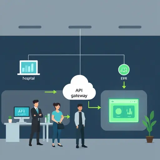 integration diagram illustration: hospital HIS, EHR database, API gateway, AI model box; arrows showing secure JSON flow; minimal icons, dark background, green accent, text-free
