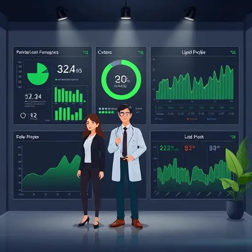 clean animated medical panels for CBC, glucose, lipid profile; AI highlights with icons;;