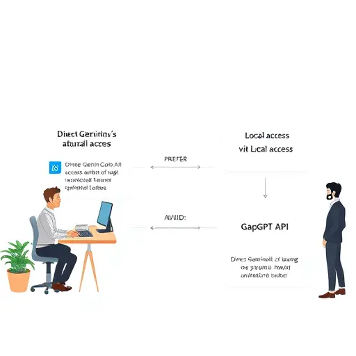 animated flowchart illustrating two paths: direct Gemini API access with blockers (geo-restriction, sanctions-breaker)