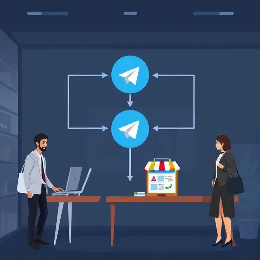 animated workflow diagram showing Telegram icon connected to an e-
