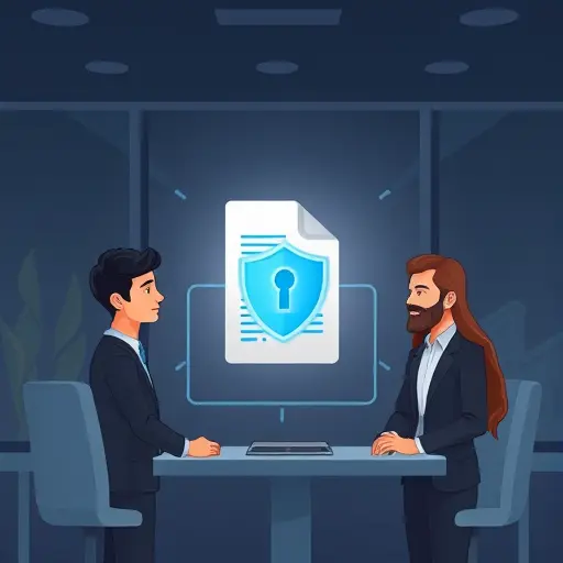 illustration of a secure file upload with shield icon, lab report document masked, dark-