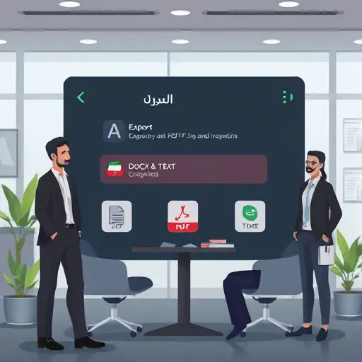 clean animated UI showcasing export options for PDF, DOCX, TXT with icons, dark theme card layout, subtle green accents, no text