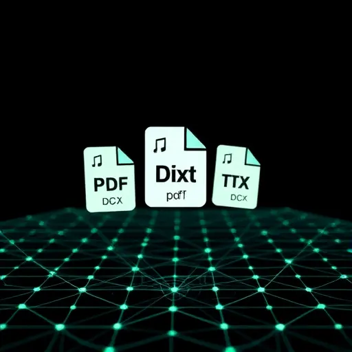 abstract file format icons (PDF, DOCX, TXT) hovering above a neural network grid, dark background, green accent lighting, minimalist, text-free