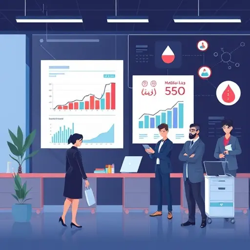 illustrated concept of AI analyzing a medical lab report, charts and lab icons (blood drop, microscope)