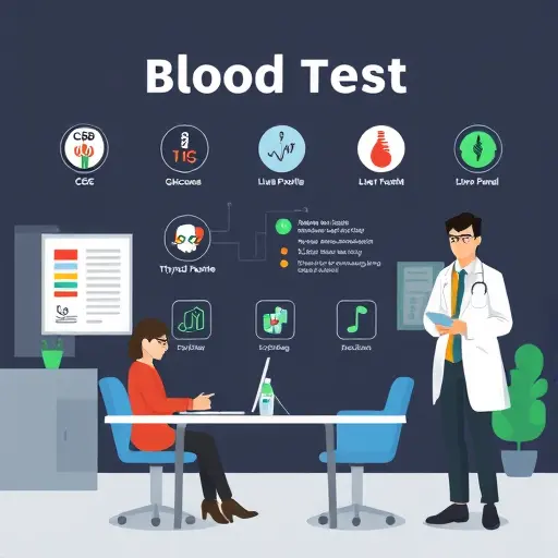 clean infographic-style illustration of common blood tests:
