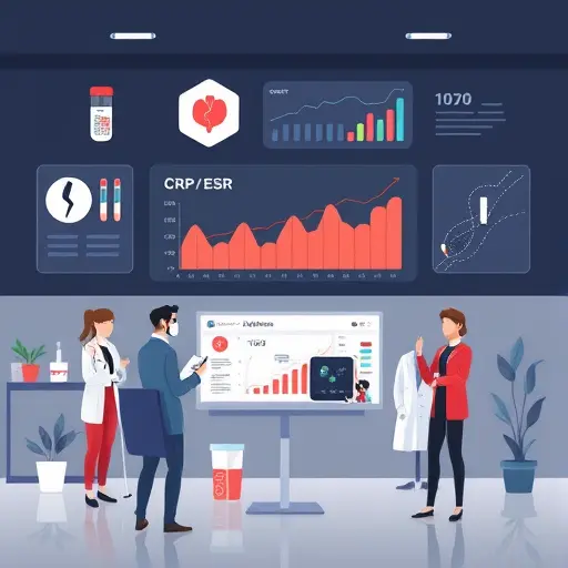 medical analytics illustration showing blood and urine test icons, CRP/