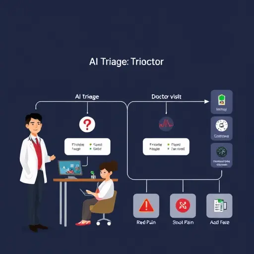 cartoon-style triage flow diagram comparing AI triage vs doctor visit, icons for red flags (chest pain, shortness of breath)