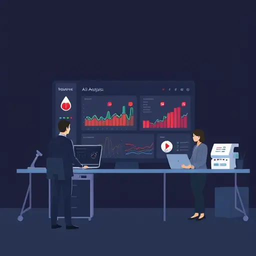 minimalist illustration showing AI analysis dashboard with lab test icons (blood drop, thyroid, liver)