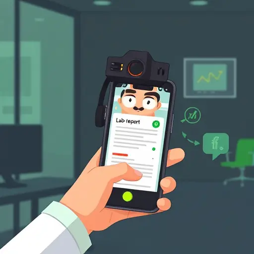 cartoon-style smartphone capturing a lab report, tips icons around (lighting, focus, angle), clean minimal illustration, dark theme with green accents, text-free