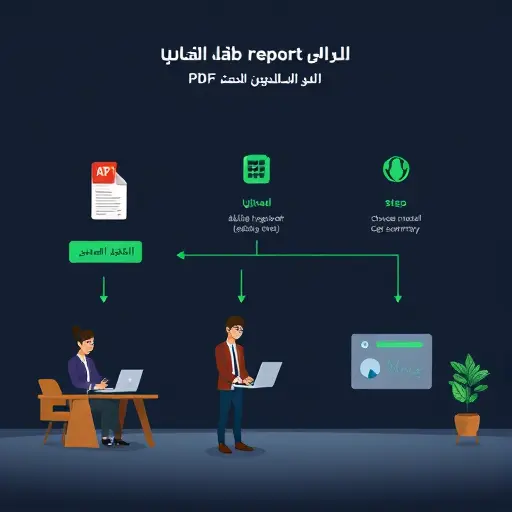 step-by-step animated illustration of uploading a lab report PDF to an AI platform, showing steps: upload, anonymize, choose model, get summary; dark background with green highlights, clean icons, no text