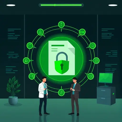 illustration of data privacy and security for medical documents, shield and lock icons around a document, dark UI with green accents, minimalist tech style, no text