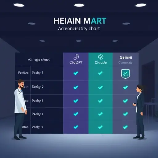 animated comparison chart of AI models (ChatGPT, Claude, Gemini) with medical icons (stethoscope, lab tube, shield)