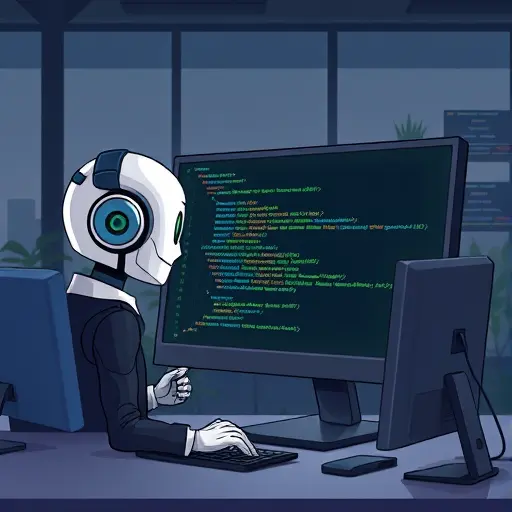 cartoon-style illustration of an AI assistant analyzing a code error stack trace on a dark-