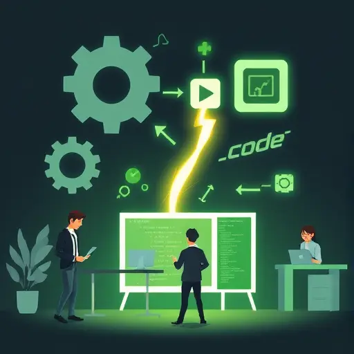 animated concept of code refactoring and speed boost: gears, lightning bolt, code blocks transforming into optimized modules, minimalist, dark background with green highlights, text-free