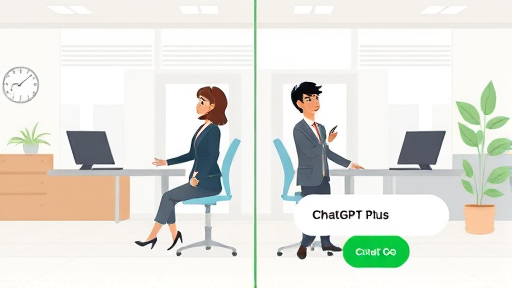 comparison illustration of ChatGPT Plus and ChatGPT Go, with plus account having highlighted features and a green accent, cartoon style, no text