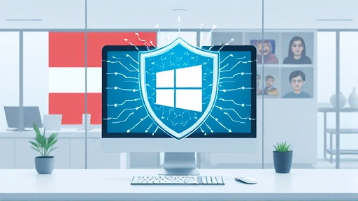modern animated shield with AI neural network patterns protecting a Windows PC, digital security concept, abstract technology illustration, no text