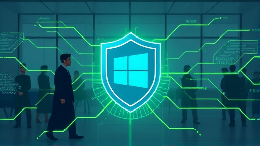 illustration of a digital shield protected by AI neural network, Windows interface elements, vibrant abstract green lines, technology cartoon art, no text