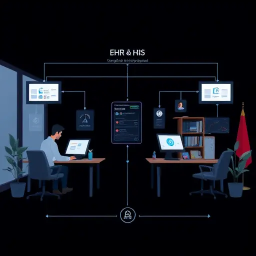 abstract EHR and HIS integration diagram with API endpoints, webhooks, message queues, and AI summarization module, dark UI, clean lines, text-free