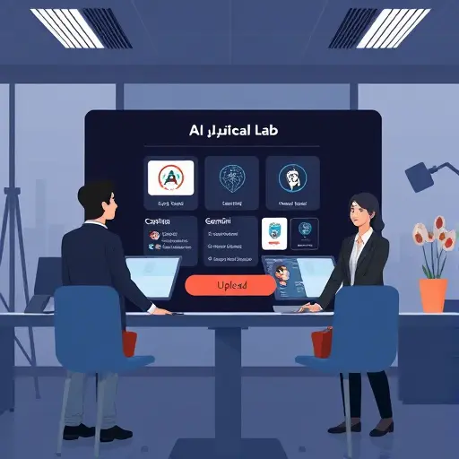 (GapGPT) with upload button for lab PDFs, model selection cards GPT-4o, Claude, Gemini, dark theme, clean, text-free