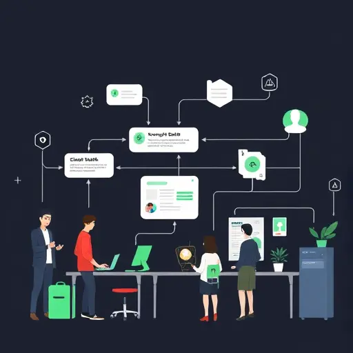 support workflow illustration, chat bubbles, ticket board, knowledge base icons, Iranian geometric motifs, dark background, green accent, text-free
