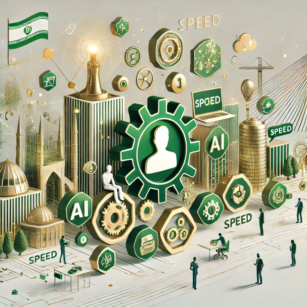 abstract illustration of AI productivity boost, animated icons for speed and support, green and gold color theme, clean minimalist, no text