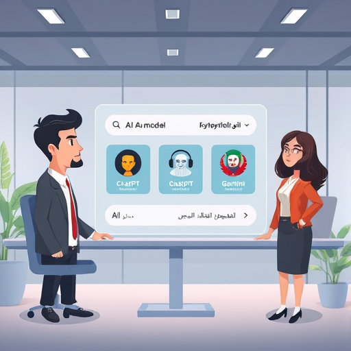 animated illustration showing a user interface with multiple AI model selections (ChatGPT, Claude, Gemini)