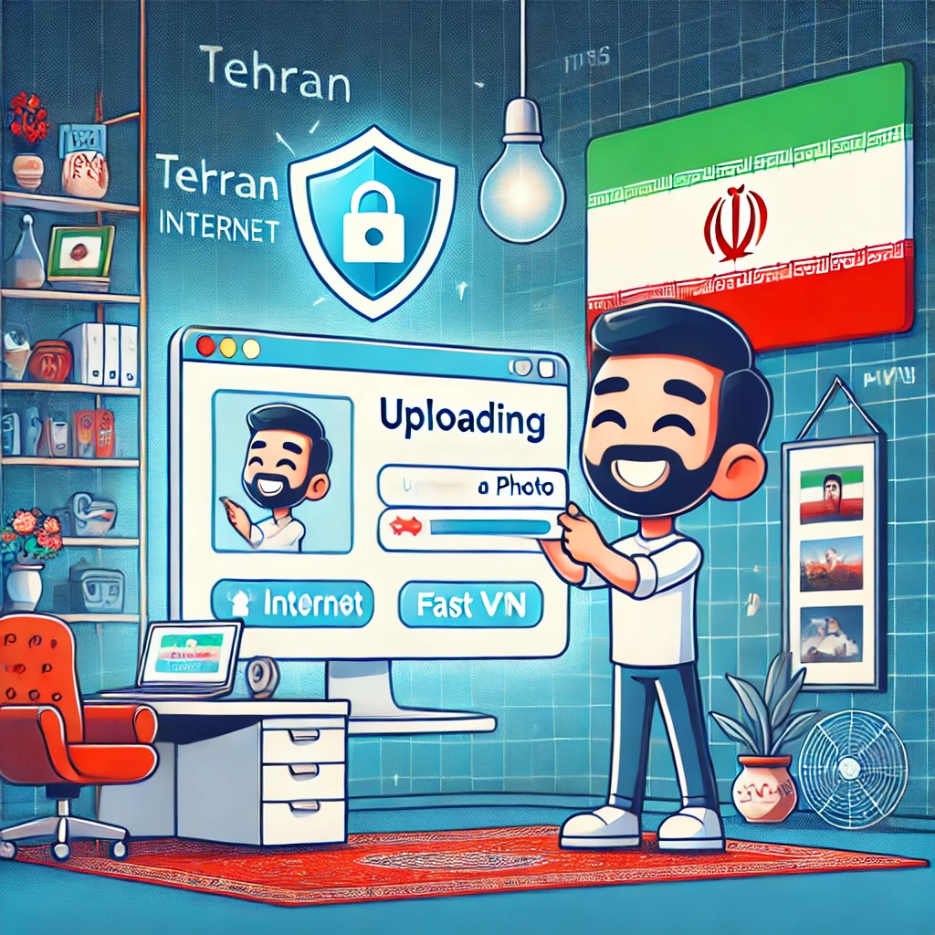 illustration of a happy user easily uploading a photo to an Iranian website, fast internet, shield symbol reassuring privacy and no VPN, animated style, no text