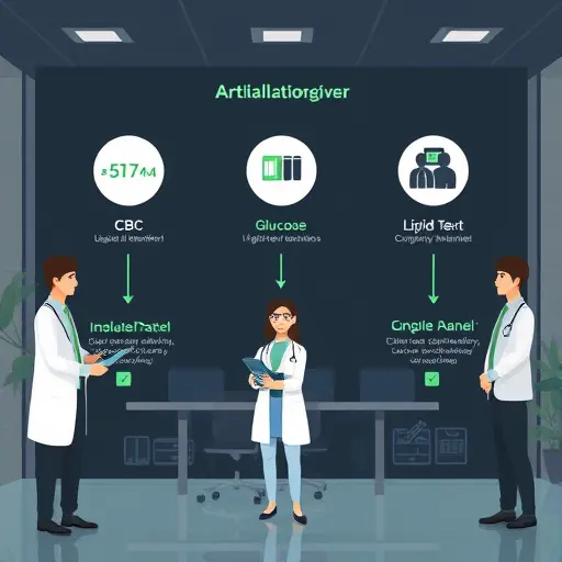 clean infographic-style illustration showing CBC, glucose, and lipid panel icons with arrows to simple explanations, dark UI, green highlights #94d3a2, minimal, text-free