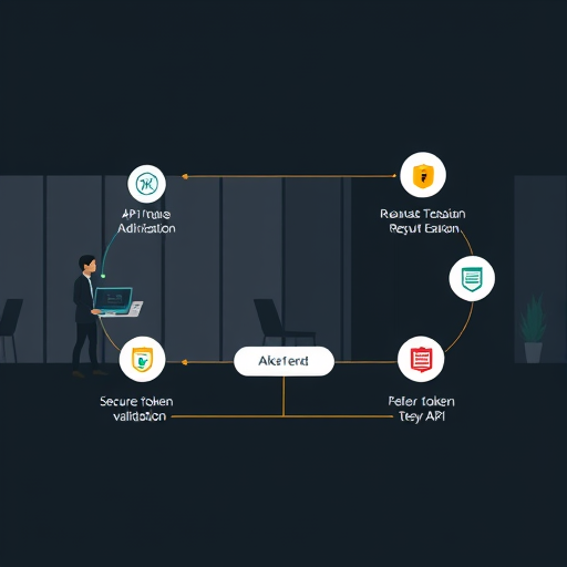 abstract representation of API integration flow, minimalist technology illustration showing secure token validation and request/