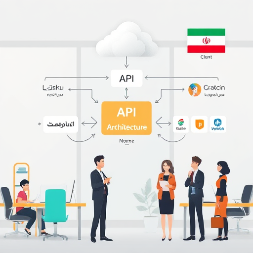 modern API architecture diagram illustration, animated data flow visualization showing client, GapGPT API, multiple programming languages (Python, Node.js, Java), LLM cloud, clean code and response arrows, text-